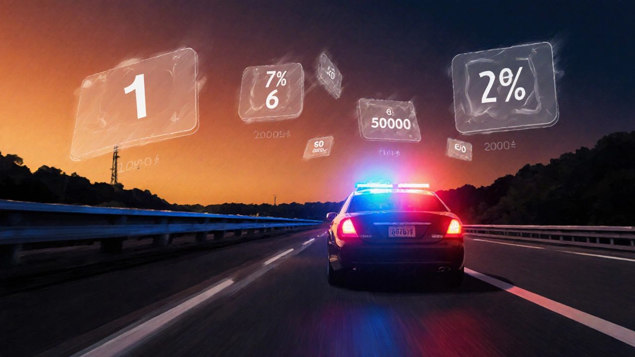 Автомобиль превышает скорость, рядом всплывают штрафные баллы и суммы.