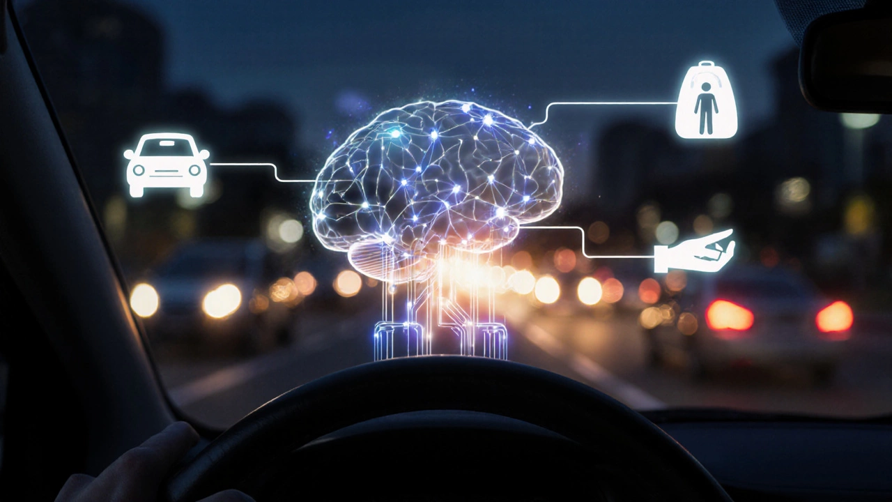 Человеческий мозг внутри руля, символизирующий внимание, предсказуемость и ответственность за безопасность.