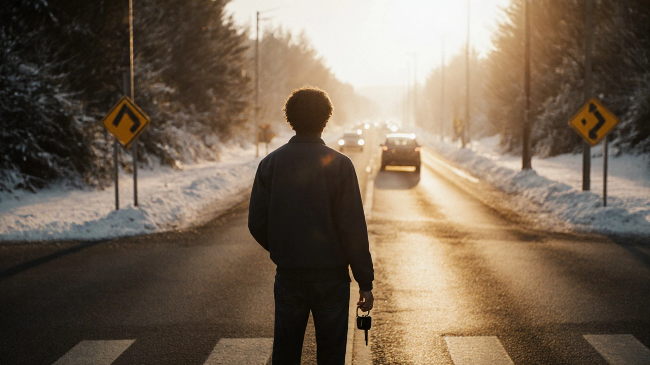 Человек на перекрестке выбирает между солнечным летним путем и снежной зимней дорогой.