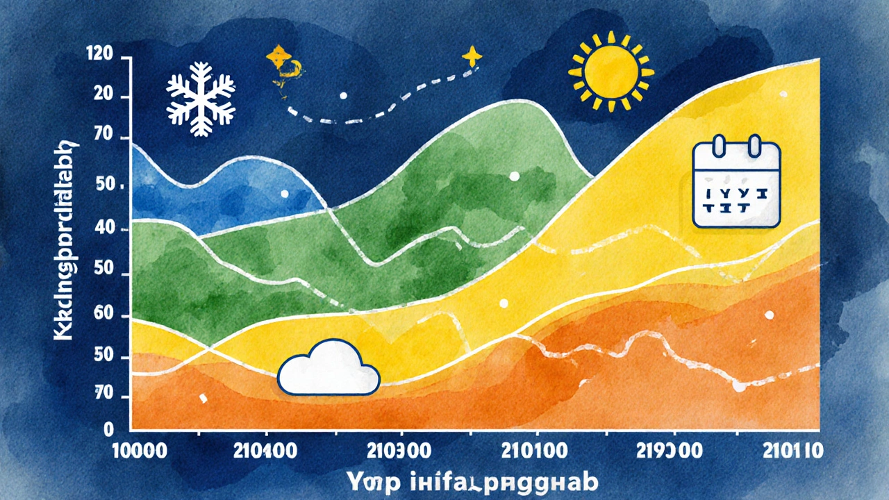 Цветовая диаграмма сезонных цен на автошколы в Калининграде: зима, весна, лето, осень — без текста.