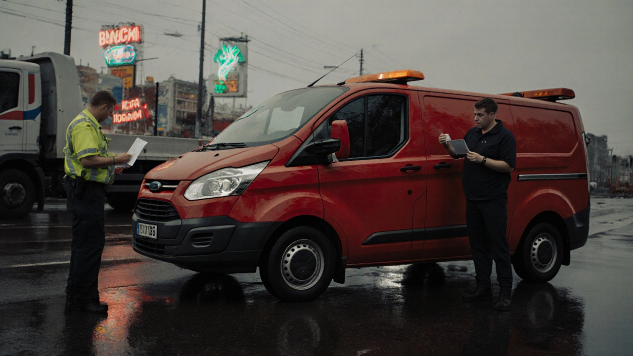 Фургон Ford Transit Custom эвакуируют, водитель стоит рядом с водительскими правами.