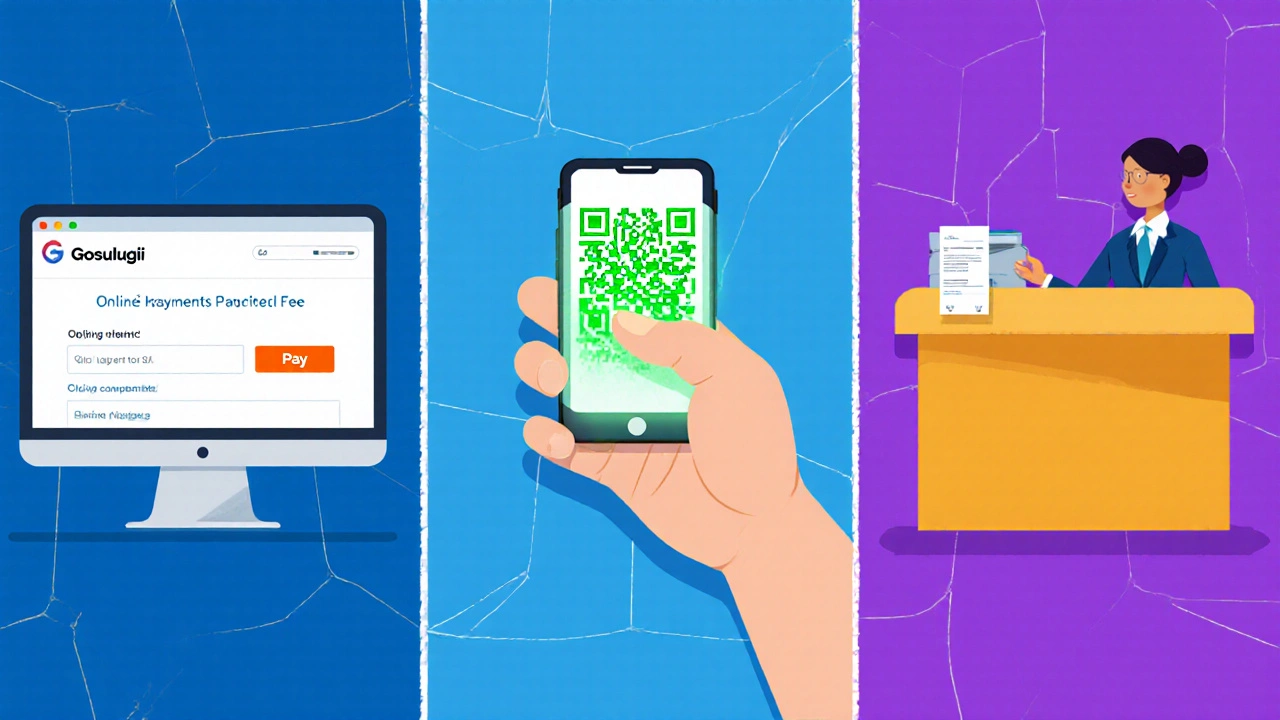 Иллюстрация трёх способов оплаты: онлайн, QR‑код, касса МФЦ.