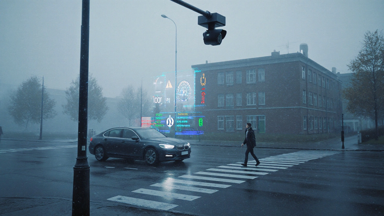 Искусственный интеллект камеры фиксирует автомобиль, не уступающий пешеходу на переходе в Калининграде, утро, туман, здание школы на фоне.
