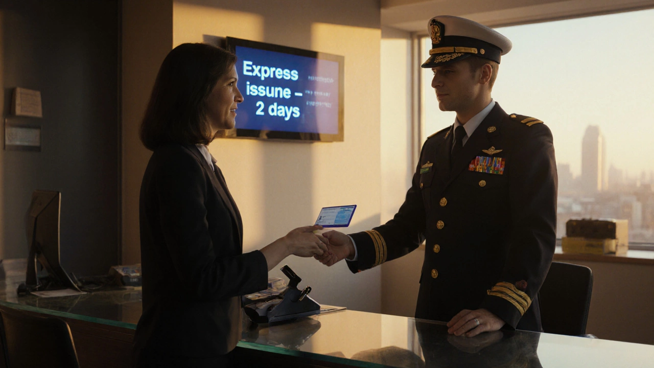 Офицер ГИБДД вручает новоё пластиковое удостоверение довольному водителю.