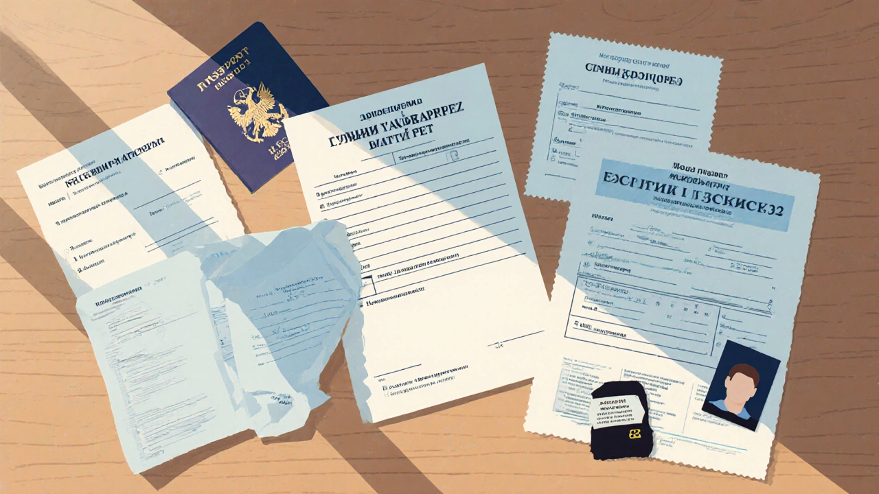 Разложенный набор документов: паспорт, квитанция, форма А‑22, полицейский протокол и фото повреждённых прав.