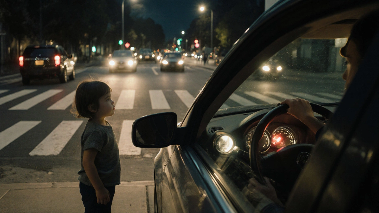 Ребёнок безопасно стоит на тротуаре, машина полностью остановилась перед переходом, водитель спокоен.