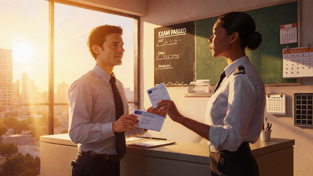 Счастливый водитель получает новое удостоверение в светлом офисе.
