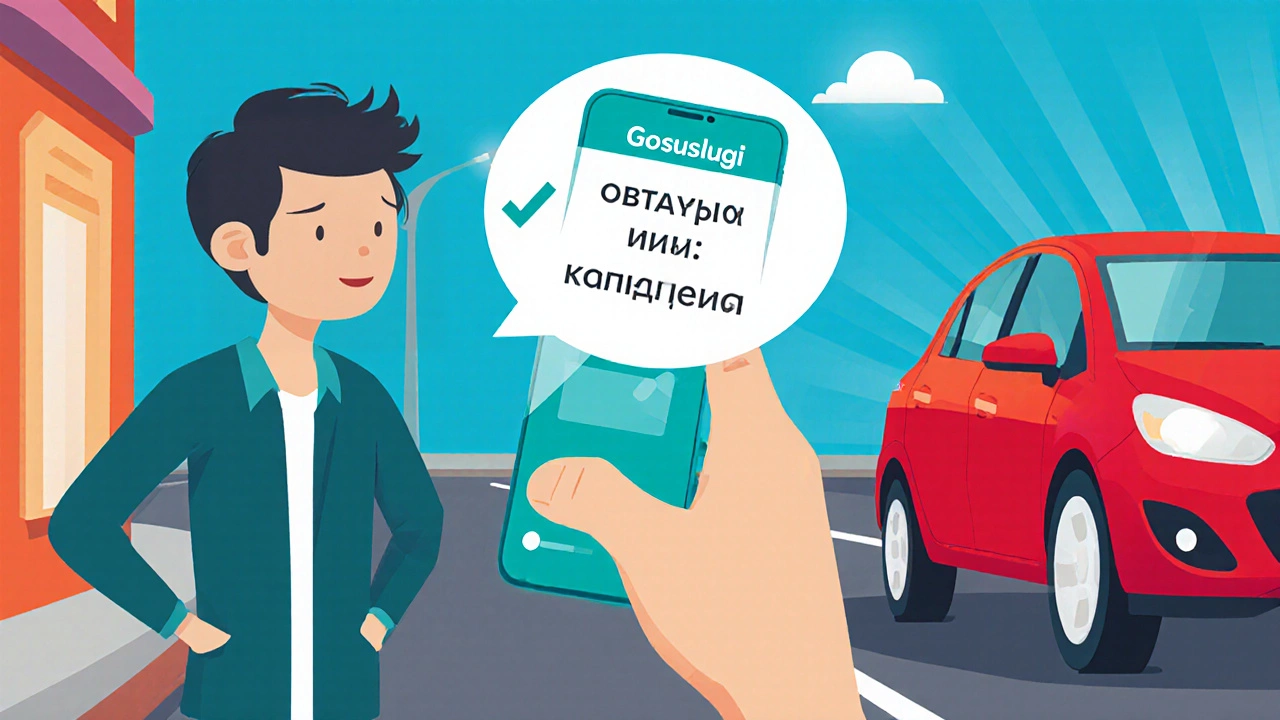 Смартфон показывает приложение Госуслуги с уведомлением о статусе прав.