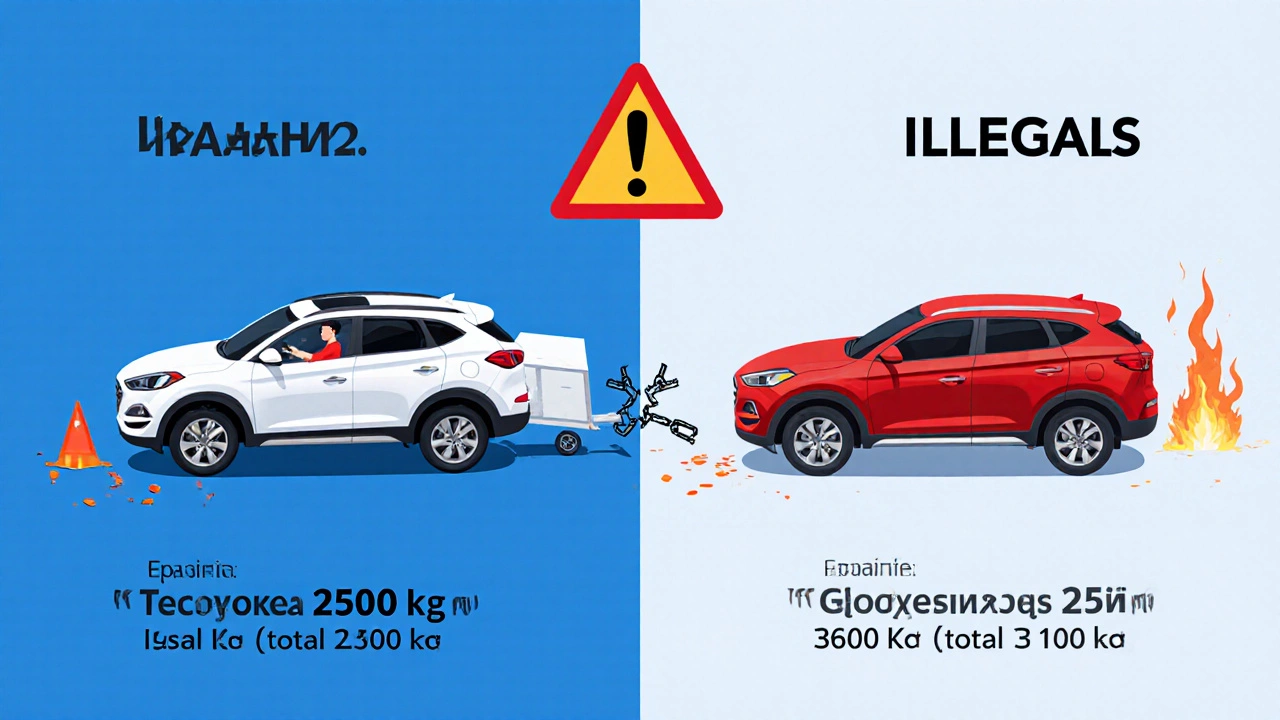 Сравнение легального и нелегального прицепа: один с общей массой 2500 кг, другой — 3600 кг.