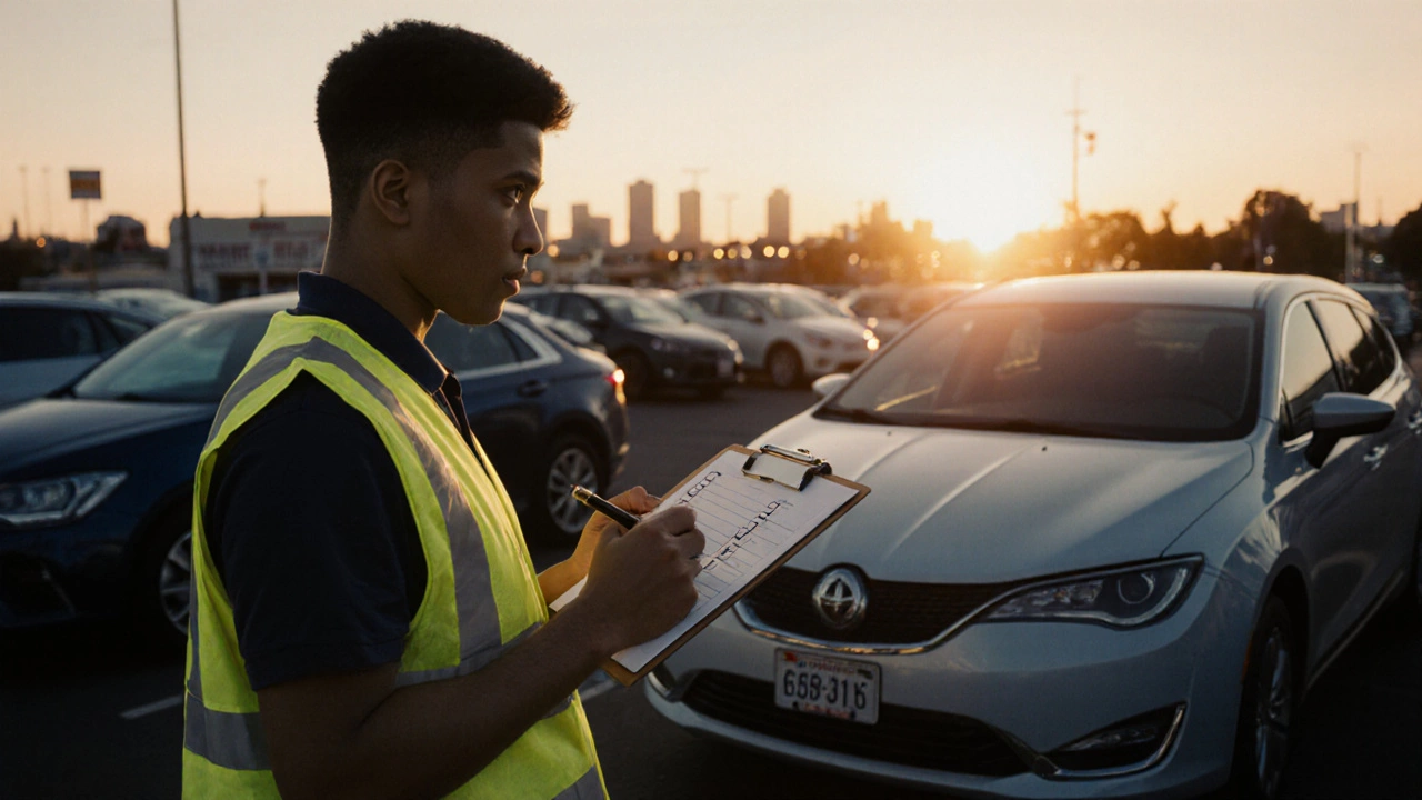 Ученик проверяет чек‑лист у автотренировочного автопарка перед записью в автошколу.