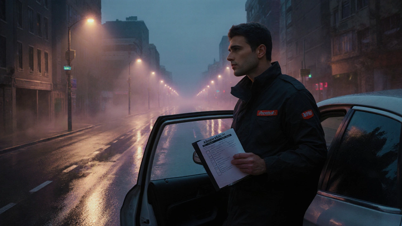 Водитель держит чек‑лист, стоит у улицы в сумерках, готов к тренировкам.