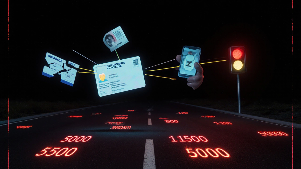 Водительское удостоверение подвешено на цепи из символов нарушений: телефон, отсутствие страховки, детское кресло, красный светофор.