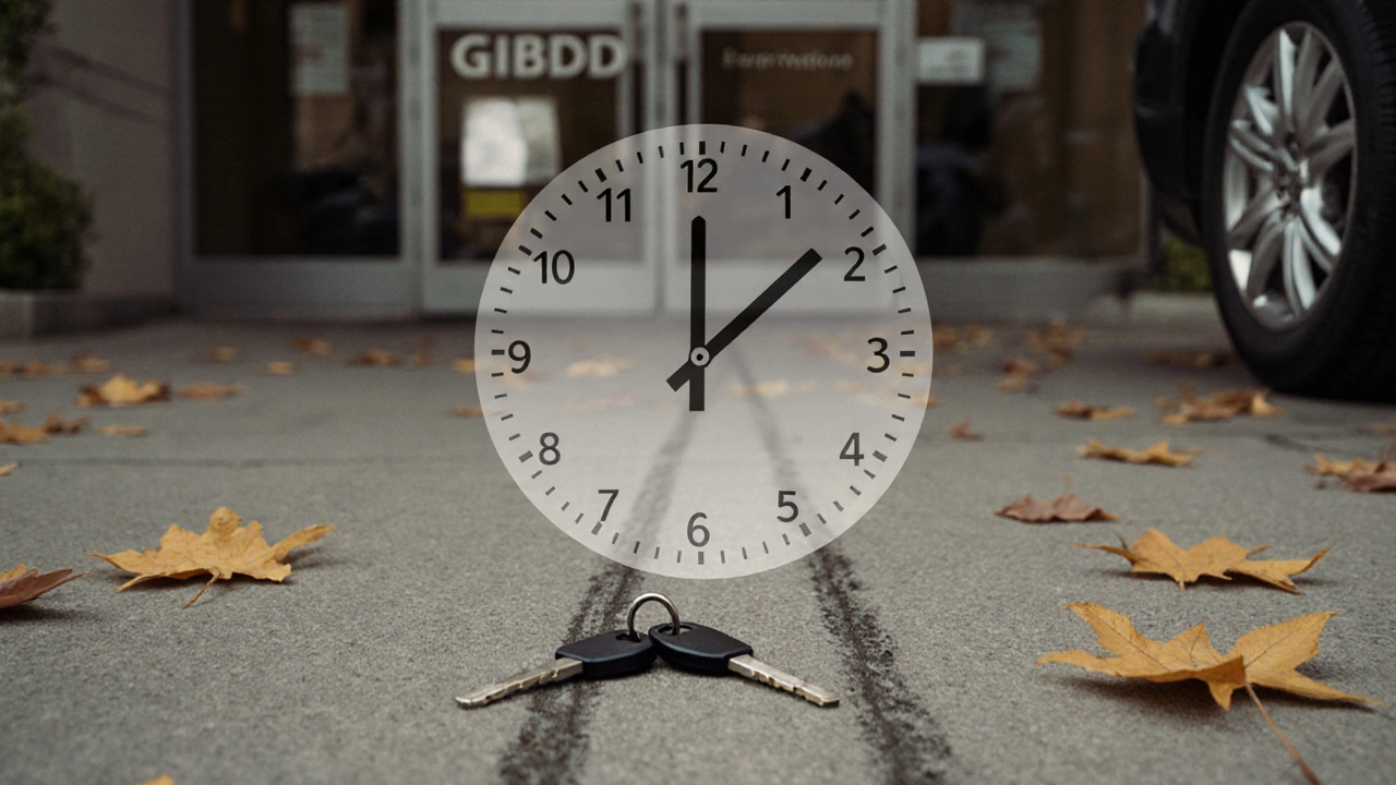 Часы на фоне пункта ГИБДД, указывают на три месяца, у входа лежат ключи от машины.
