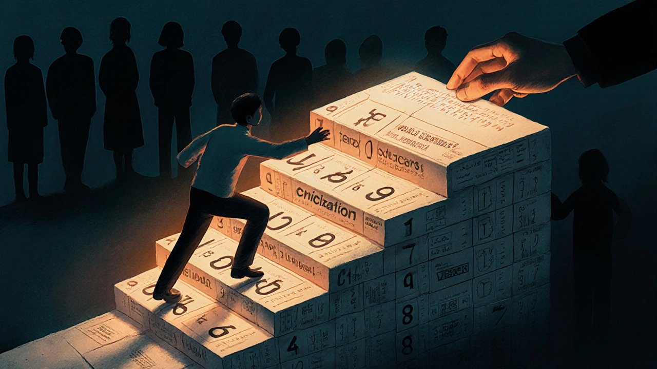 Человек поднимается по лестнице из билетов сдач экзамена, пятый шаг светится, за спиной — поддерживающая рука.