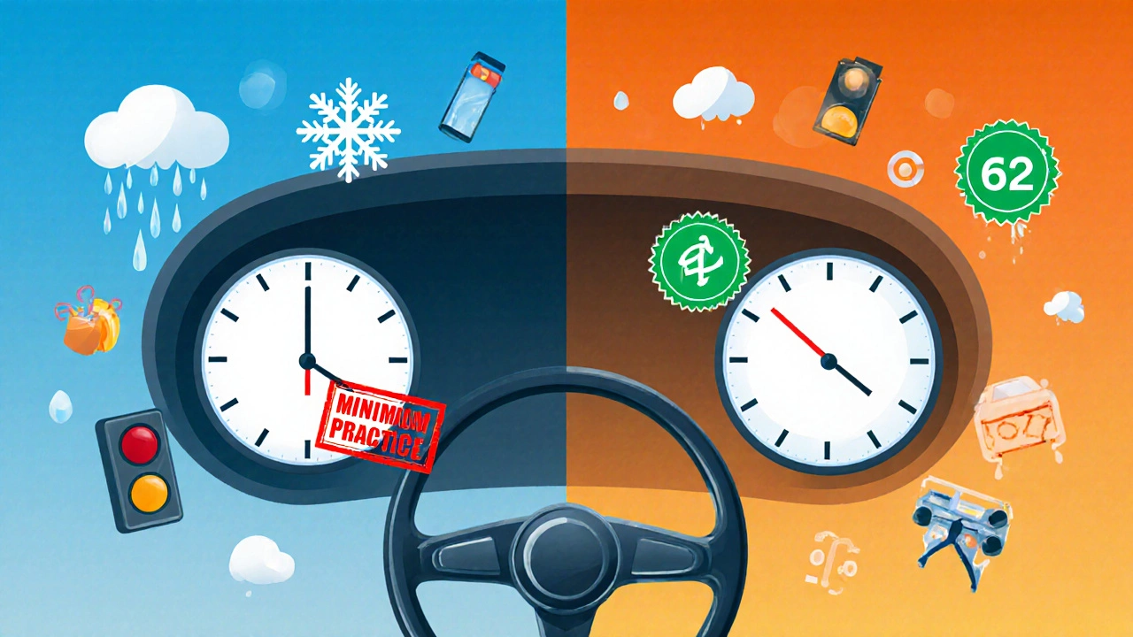 Два циферблата: 50 часов — минимум, 62 часа — успех, с символами дождя, льда и светофора.