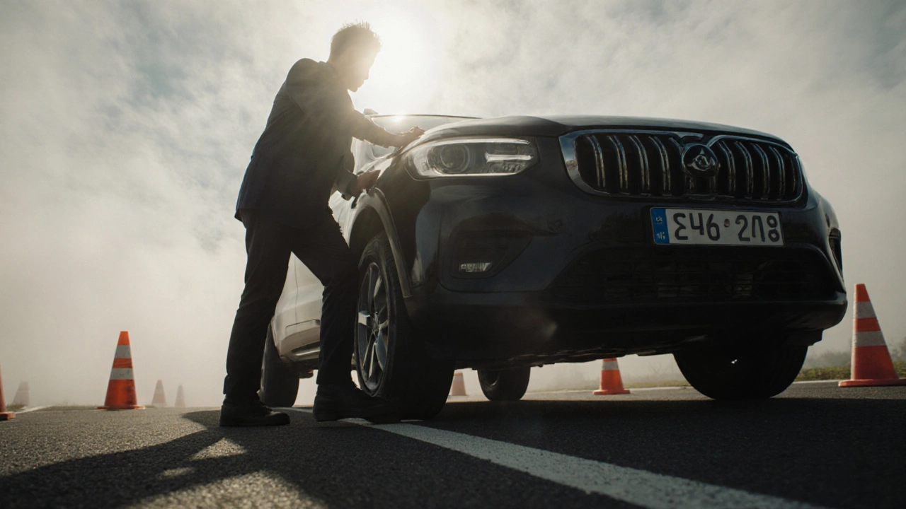 Кандидат трогается на подъёме без отката, рука на ручном тормозе, машина стоит на склоне.