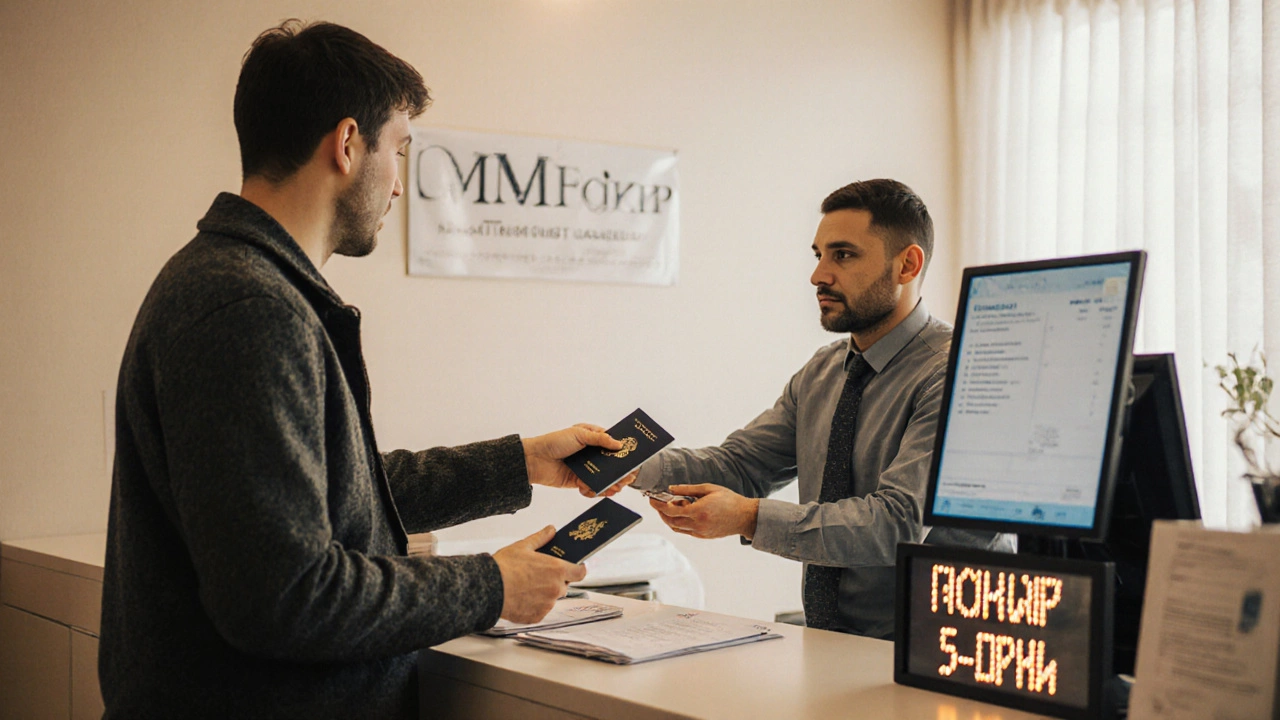 Мужчина подаёт документы в МФЦ для восстановления водительских прав, на столе видны бланки и квитанция.