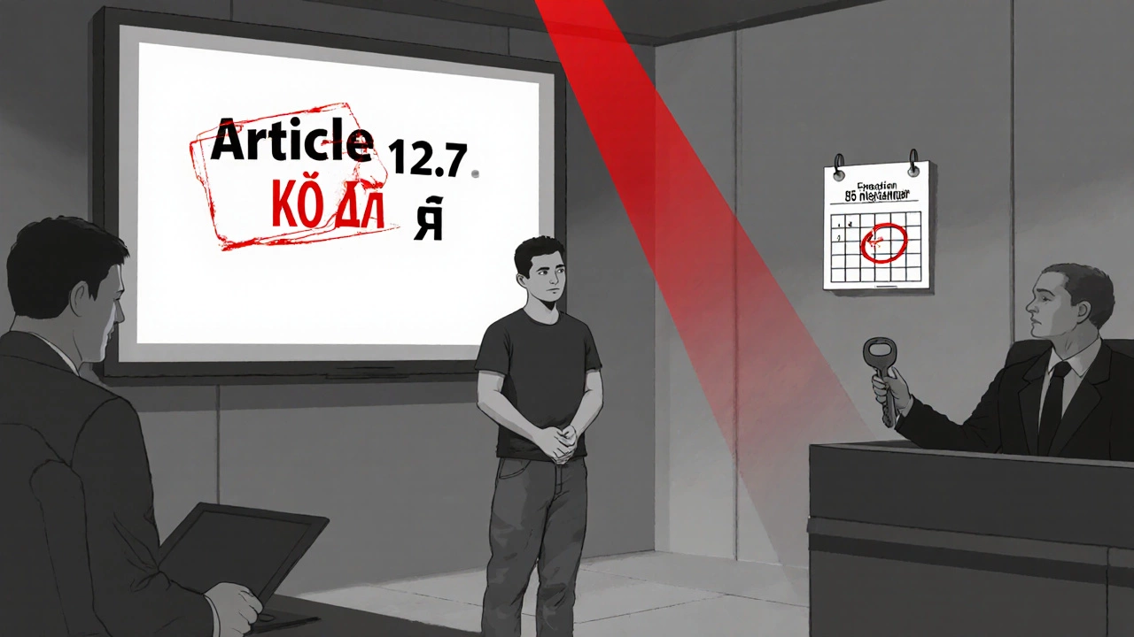 Мужчина в суде, перед ним на экране — статья за езду без прав, за спиной — ключ от эвакуатора.