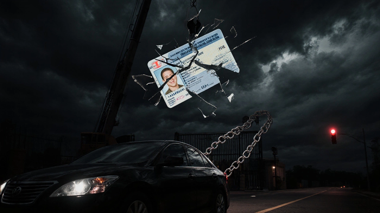 Разбитые водительские права превращаются в цепи, штраф и тюремные ворота, над автомобилем на эвакуаторе.