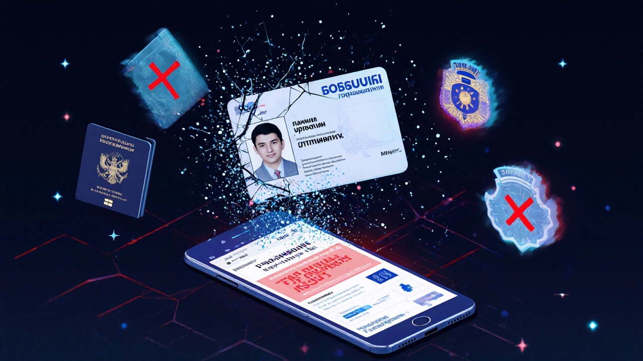 Разрушающиеся старые права превращаются в новые с пометкой &#039;взамен утраченных&#039;, вокруг — символы паспорта и мошенничества.