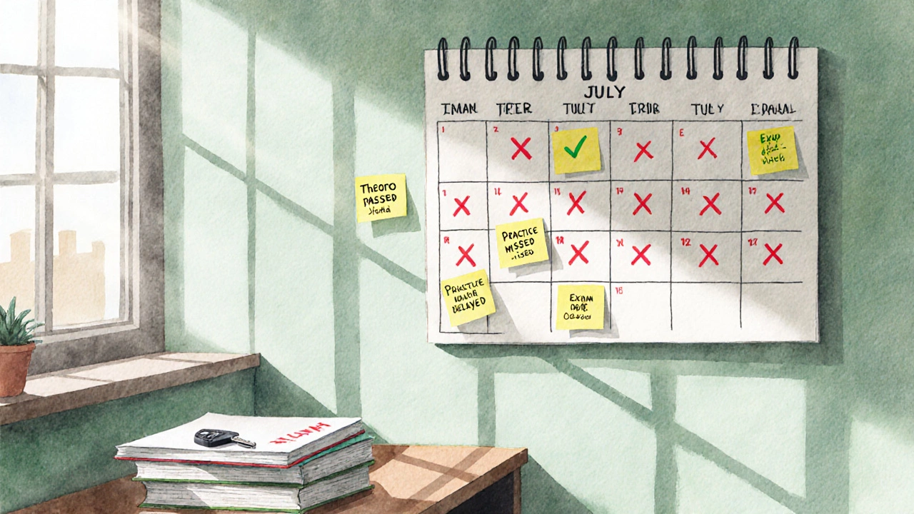 Стена календаря с отмеченными датами сдачи экзаменов по вождению, красные крестики и зеленая галочка в июле.