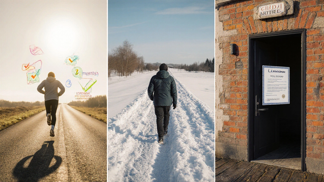 Три пути обучения вождению: быстрый, задержанный и стабильный, изображенные как дорожные трассы с разными временами года.
