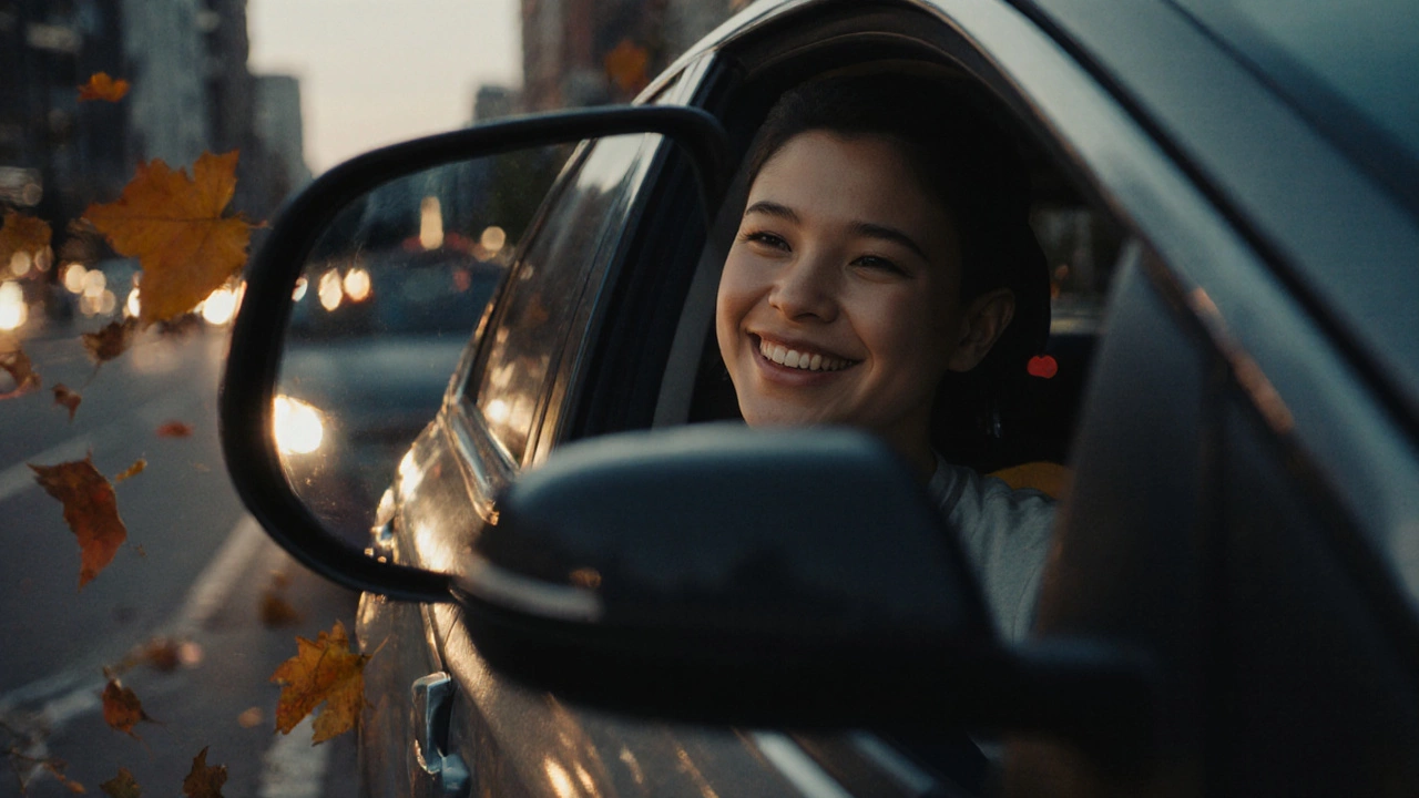 Уверенный водитель успешно паркуется в сумерках, спокойно смотрит в зеркало, за спиной — городские огни.