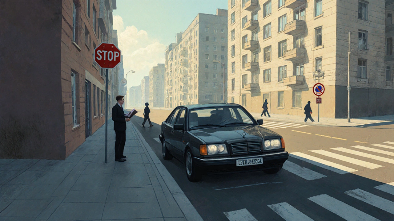 Водитель успешно паркуется на узкой улице в российском городе, экзаменатор наблюдает с тротуара.