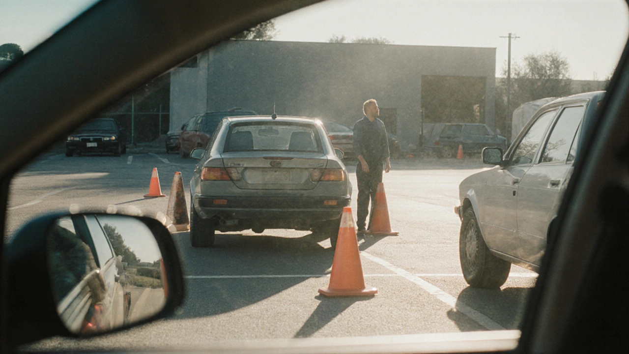 Водитель выполняет параллельную парковку между двумя автомобилями на учебной площадке.