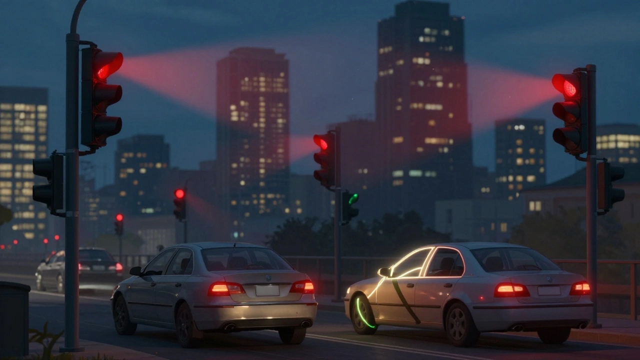 Городской пейзаж с камерами, фиксирующими непристегнутые ремни в проезжающих автомобилях.