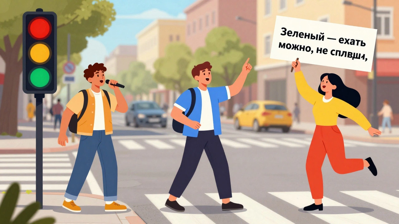 Люди поют песню о светофоре на улице, держа плакат с цветами светофора.