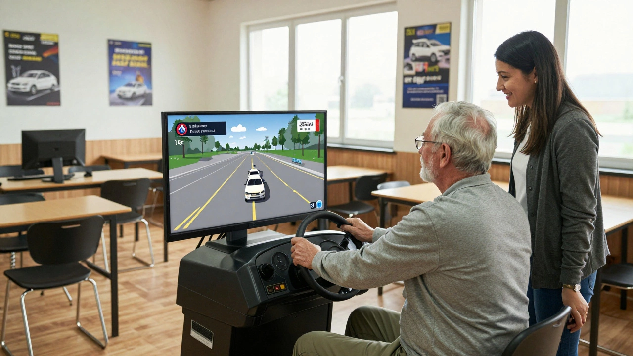 Мужчина 72 лет тренируется на симуляторе вождения с инструктором в спокойной обстановке.