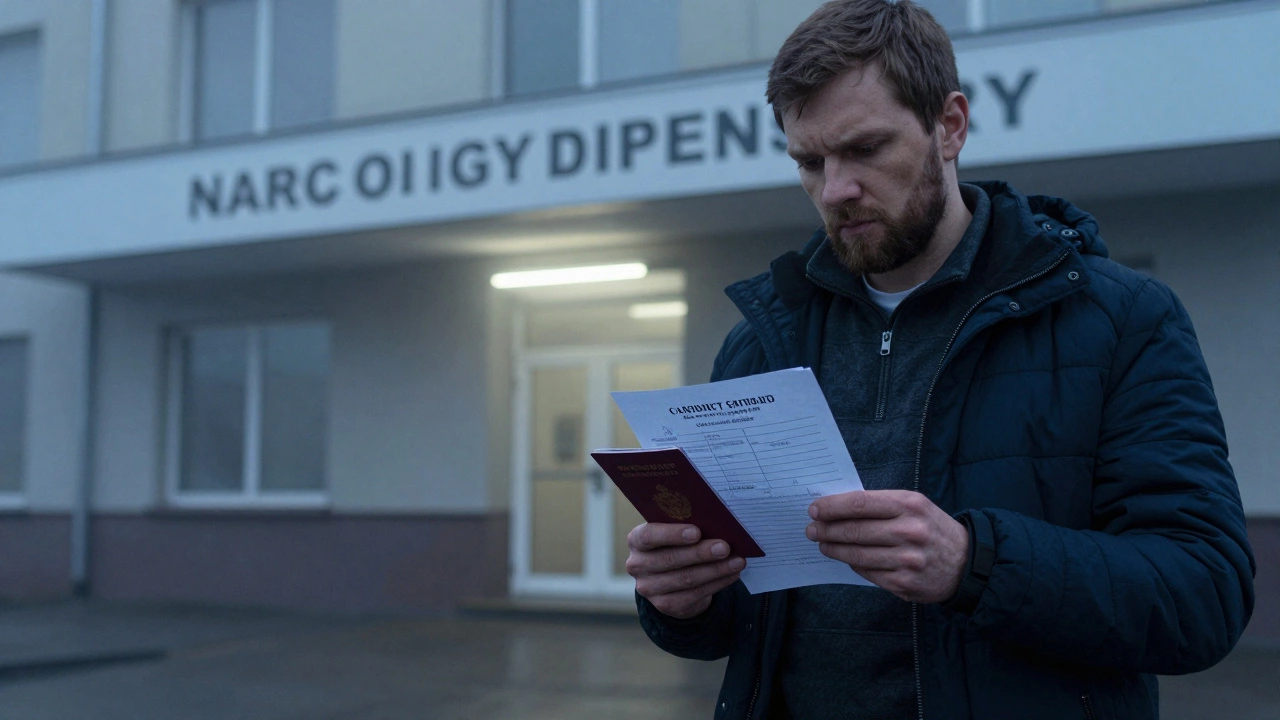 Мужчина стоит у диспансера с паспортом и судебным постановлением на рассвете.