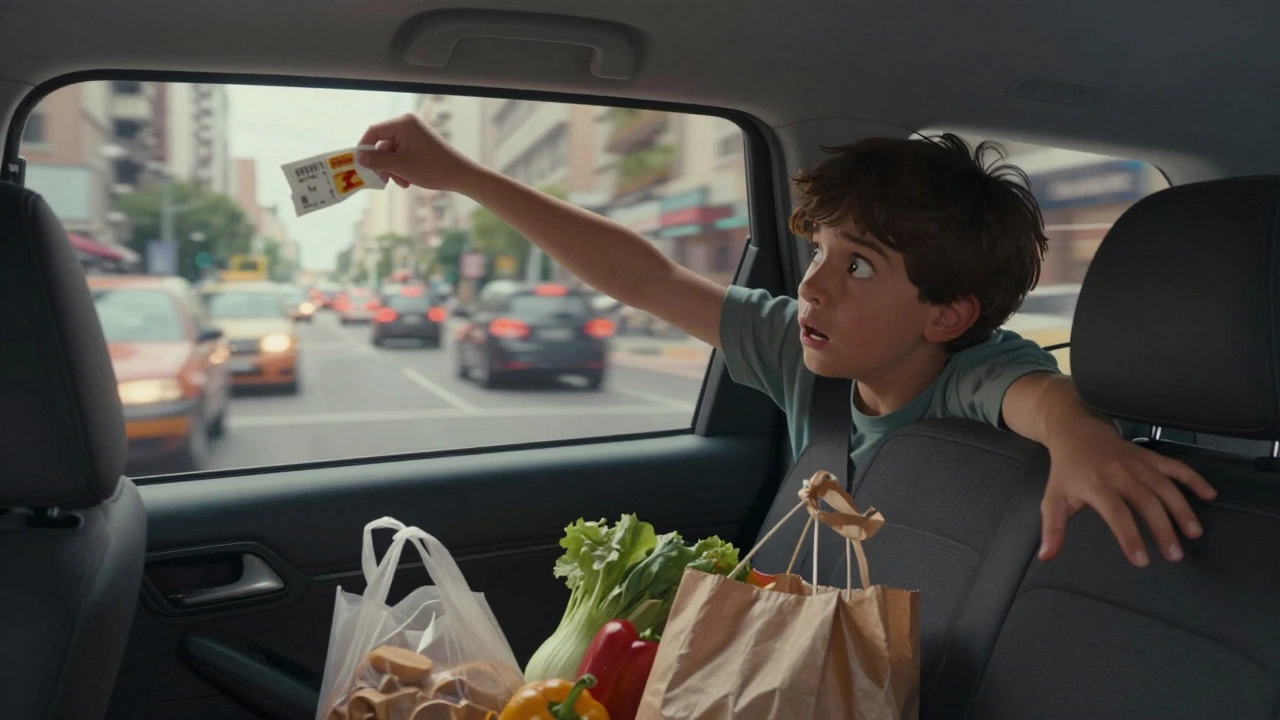 Пассажир высунул руку из окна движущегося автомобиля, в салоне видны пакеты с продуктами.