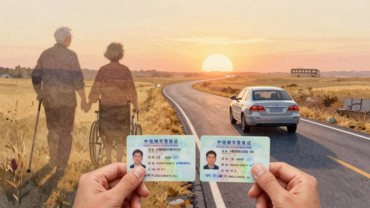 Пожилая пара держит водительские права, дорога уходит к рассвету, прошлое растворяется в свете.