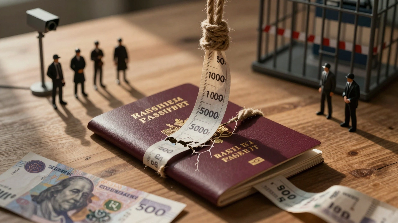 Разбитый паспорт с веревкой из долгов и силами приставов вокруг.