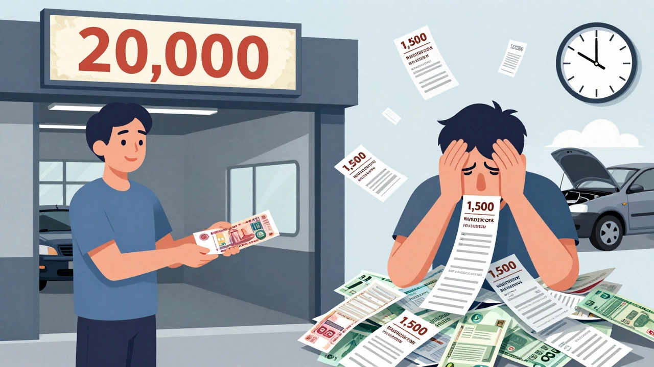 Разделённая сцена: дешёвая автошкола слева, а справа — растущие скрытые расходы на пересдачи и дополнительные занятия.