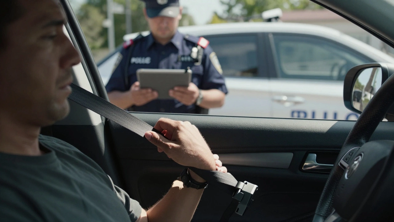 Рука водителя застегивает ремень, когда инспектор наблюдает снаружи машины.