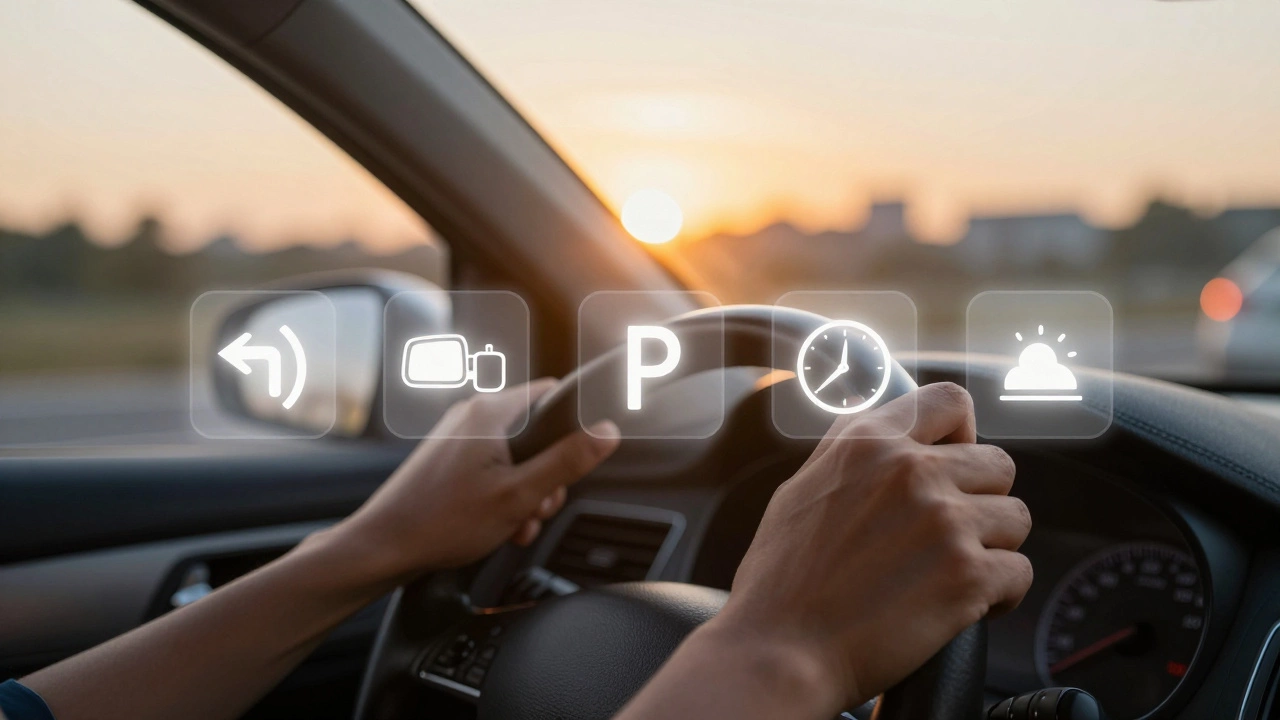 Руки за рулём на рассвете, пять исчезающих значков ошибок, солнечный свет в окне.