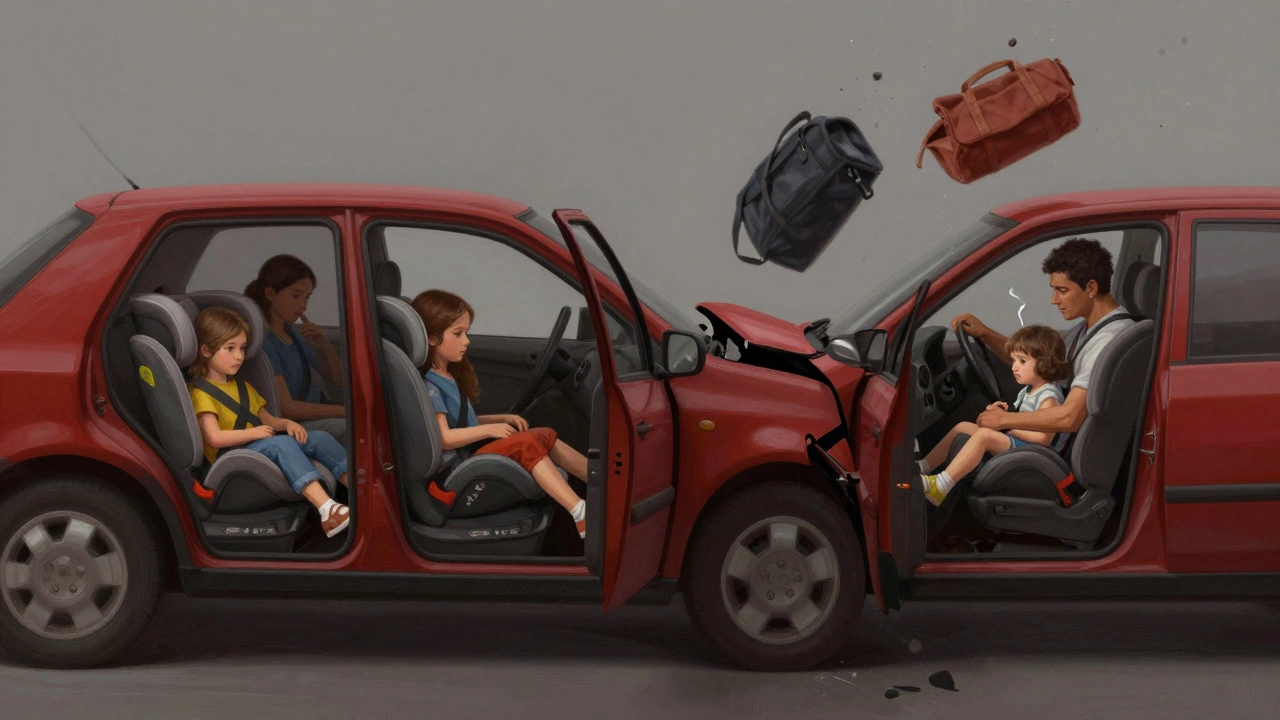 Сравнение безопасной и опасной поездки: семья пристёгнута и спокойна против хаоса в аварии.