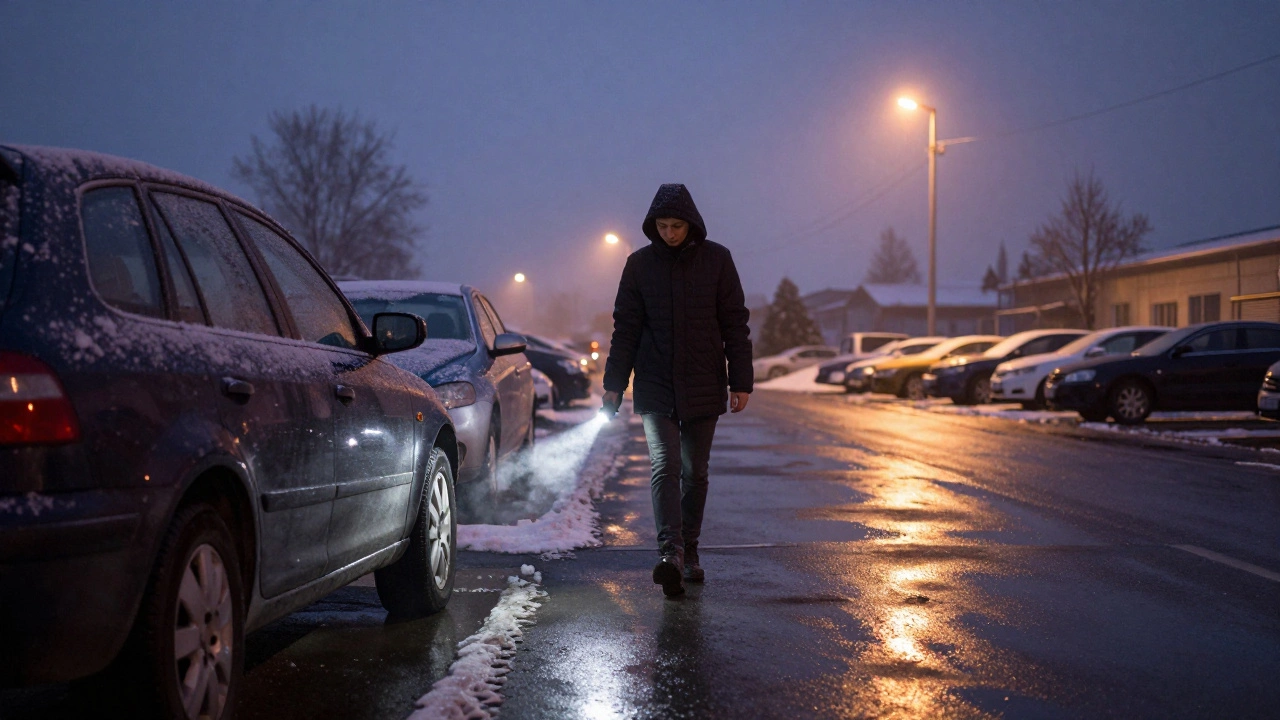 Студент обходит машину на снегу, проверяя шины и состояние автомобиля