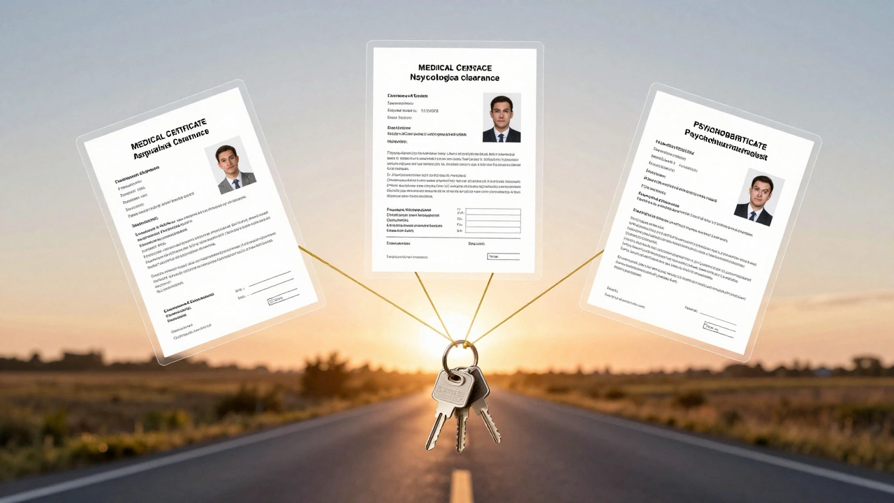 Три медицинских справки парят в воздухе, соединённые нитями с ключами от водительских прав.