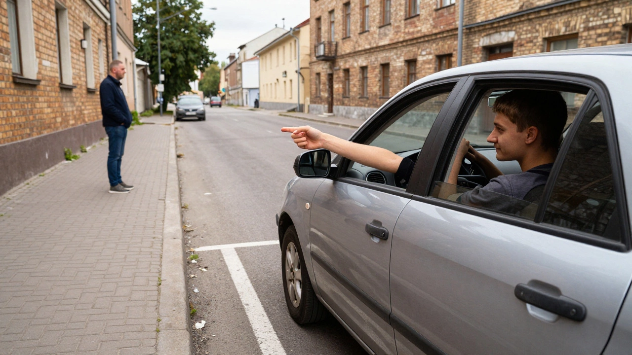 Ученик вождения паркуется в узком городе Калининграде, внимательно следит за зеркалами и использует поворотник.