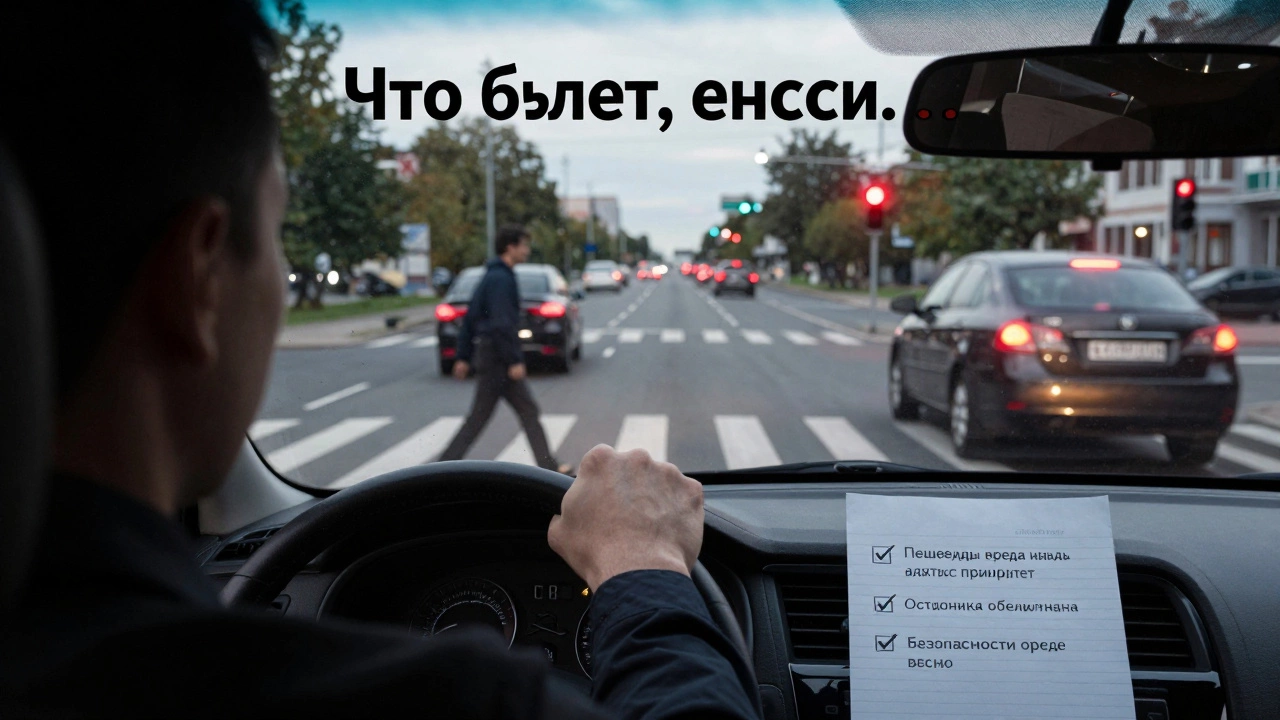 Водитель тормозит на перекрестке, где машина нарушает красный свет, рядом пешеход на переходе.