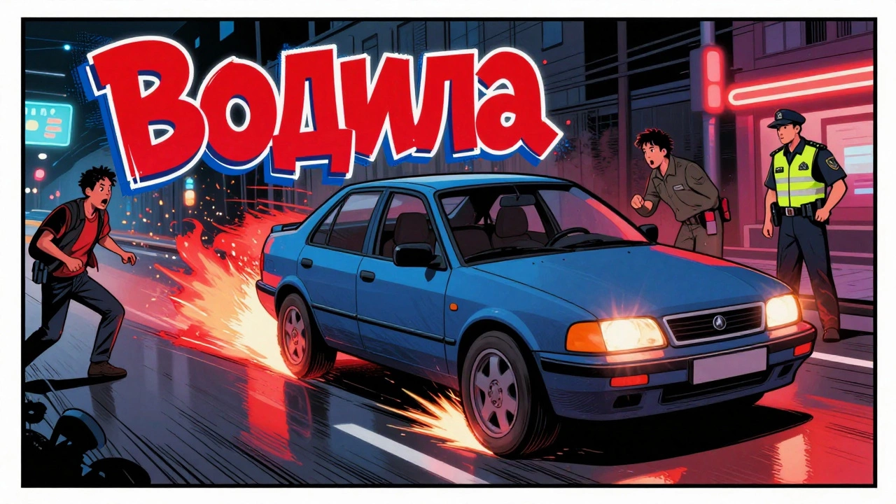 Агрессивный водитель в машине с надписью 'водила', полиция и пешеходы на фоне.