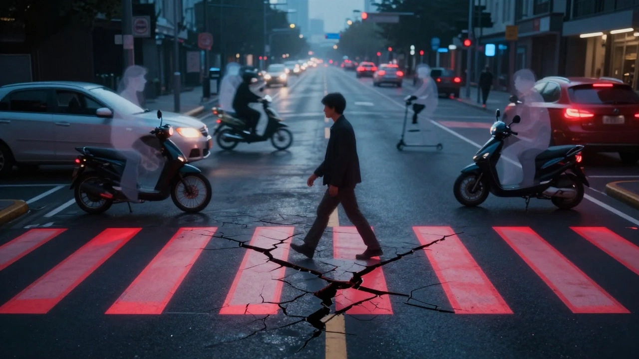 Фигура на дороге surrounded by frozen vehicles, красные предупреждающие линии расходятся во все стороны.