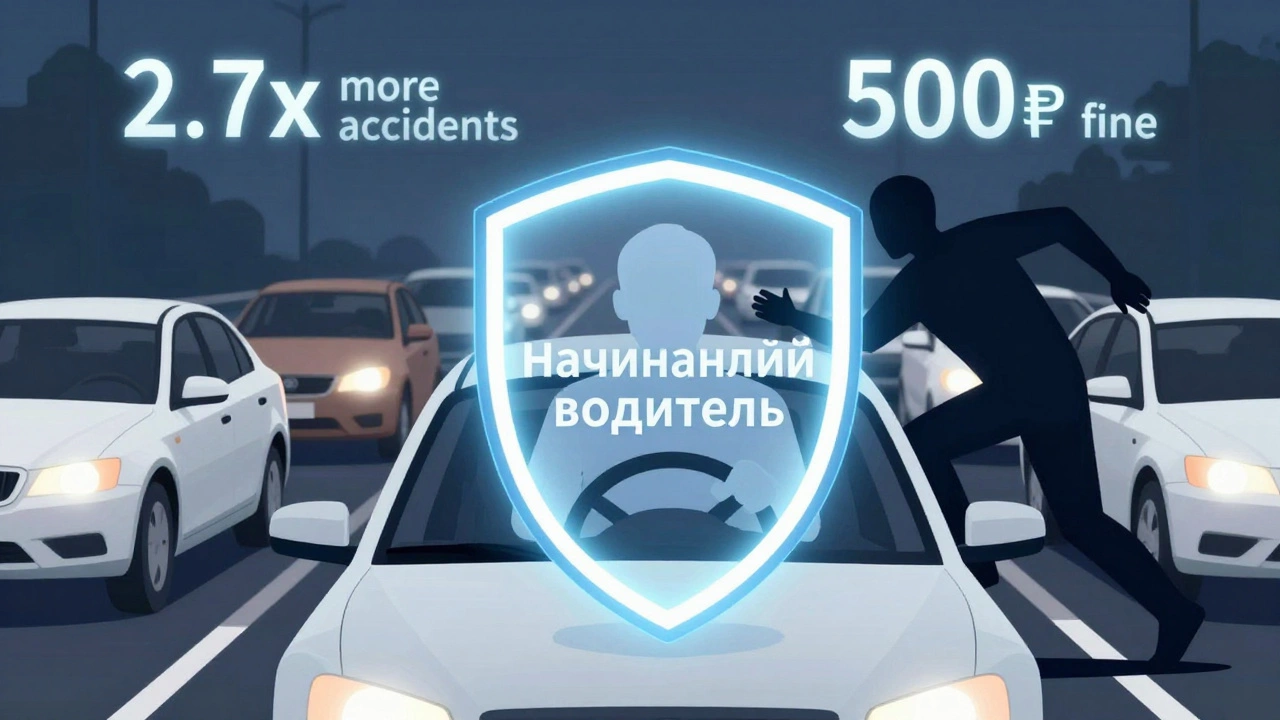 Концептуальное изображение защитного щита в виде знака «Начинающий водитель» вокруг автомобиля.