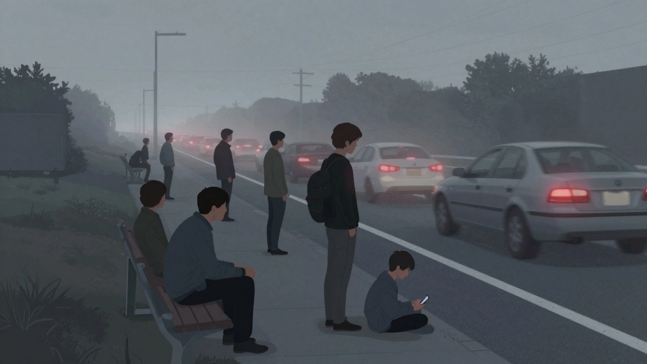 Люди сидят и стоят на обочине дороги при сумерках, машины едут рядом.