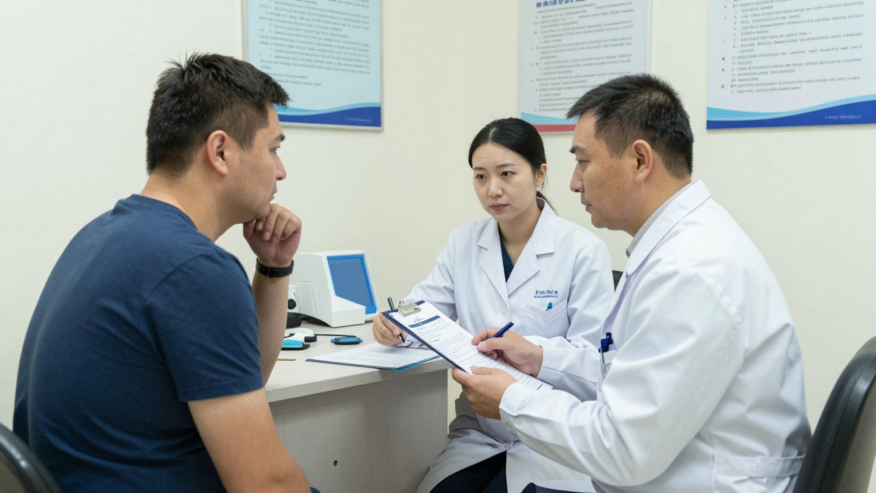 Медицинский осмотр водителя в лицензированной клинике: психиатр и нарколог проверяют документы для возврата прав.