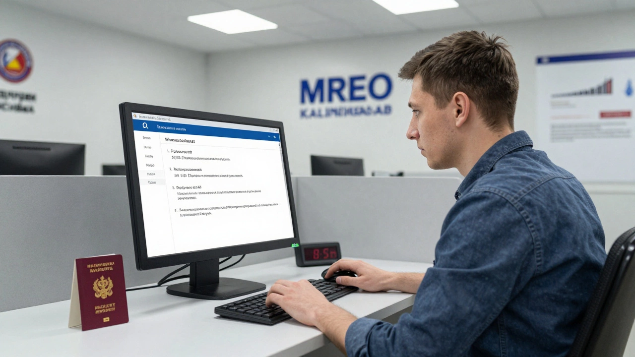 Мужчина сдает теоретический экзамен по ПДД в МРЭО на компьютере.